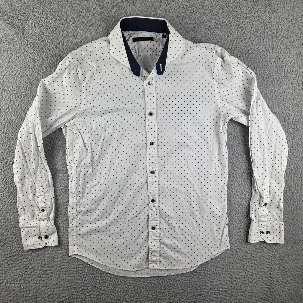Greyson Shirt Mens Medium White Logo Pattern Stretch Cutaway Collar Long Sleeve
